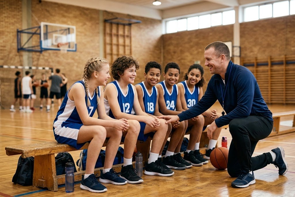A smiling coach kneeling to talk to young players sitting on a bench in a school gym