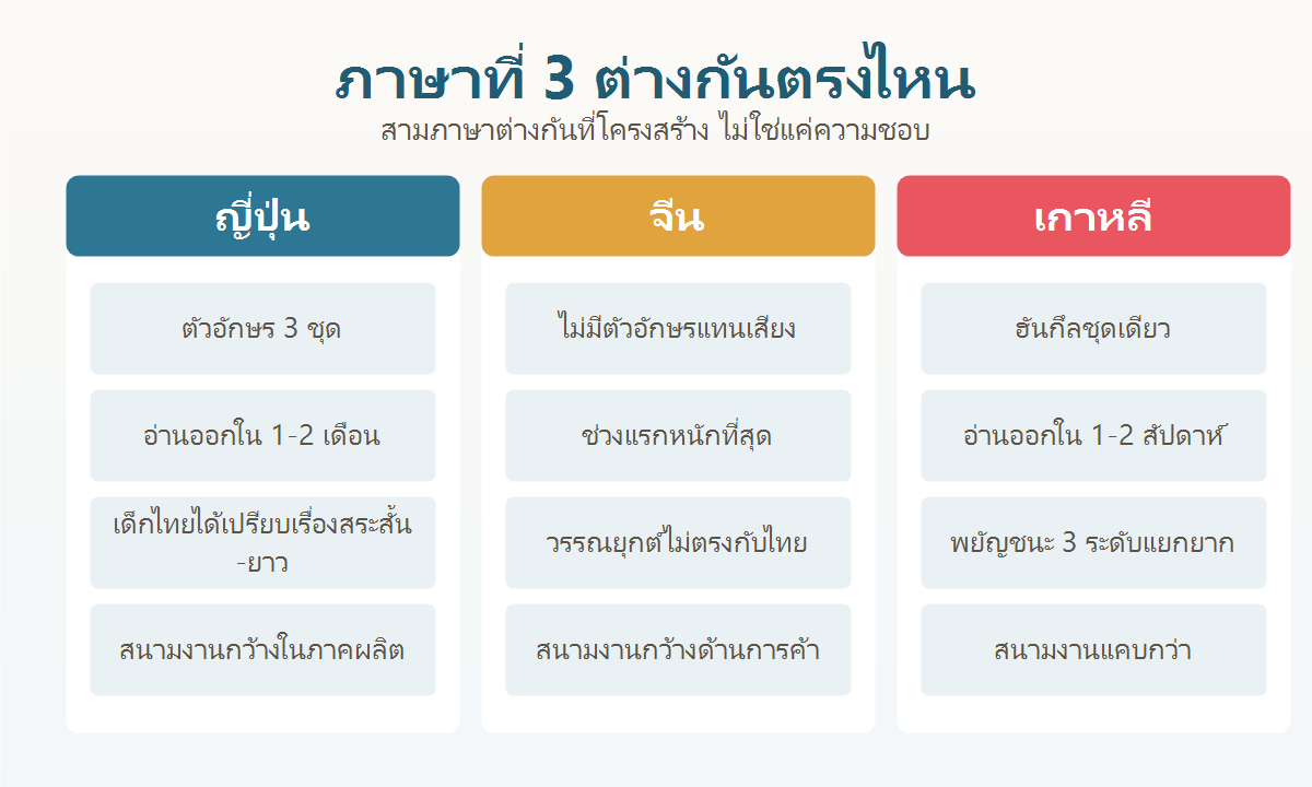 ตารางเทียบภาษาญี่ปุ่น จีน และเกาหลี สำหรับเด็กไทย ด้านตัวอักษร การออกเสียง และเวลาที่ใช้