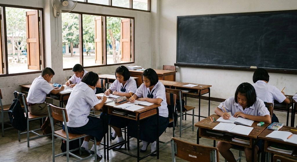 นักเรียนมัธยมต้นชาวไทยในชุดนักเรียนกำลังจดบันทึกในห้องเรียนภาษา