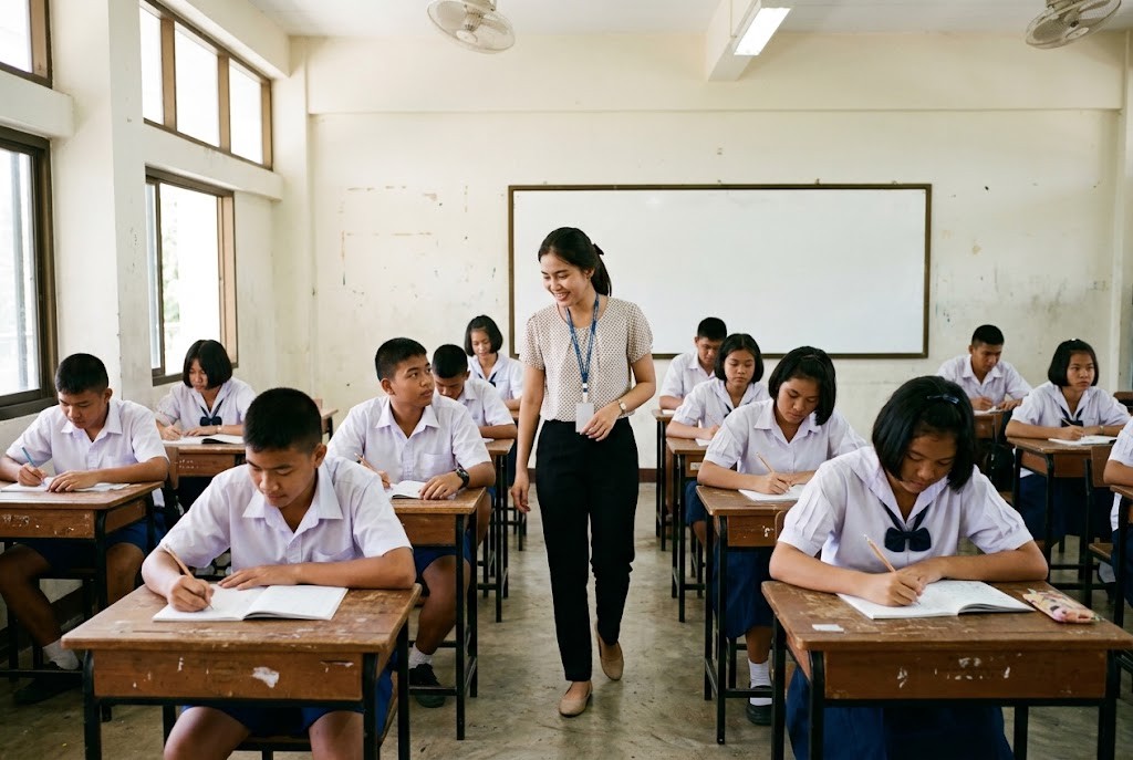 นักเรียนไทยชั้น ม.4 ฝึกเขียนตัวอักษรภาษาญี่ปุ่นในสมุด โดยมีครูสาวเดินดูอยู่ในห้องเรียน