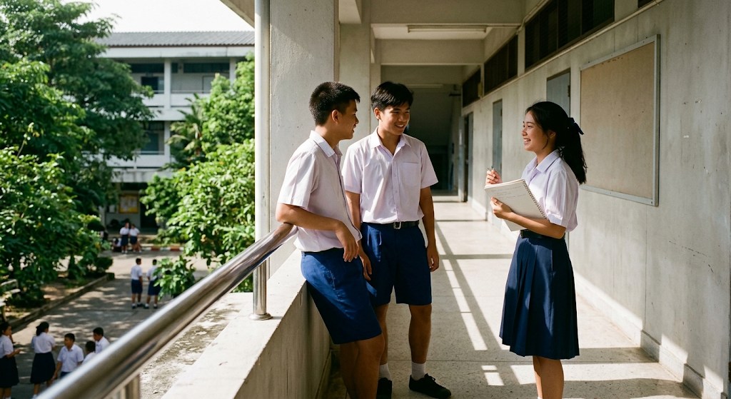 นักเรียนมัธยมปลายชาวไทยในชุดนักเรียนยืนคุยกันที่ระเบียงทางเดินของโรงเรียน