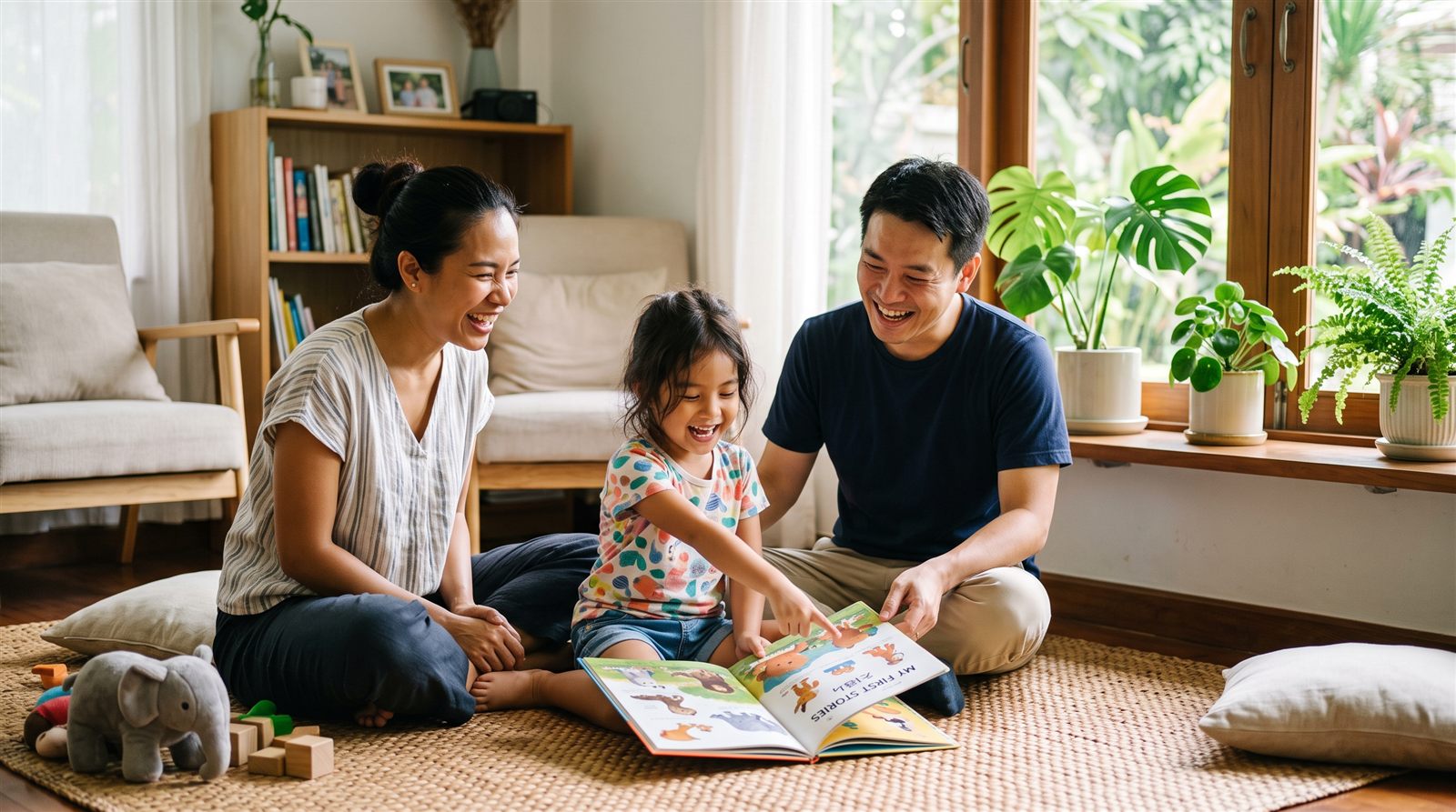 ครอบครัวไทย-ญี่ปุ่นนั่งเล่นและอ่านหนังสือภาพกับลูกวัยหกขวบบนพื้นห้องนั่งเล่นที่มีแสงแดดส่องถึง