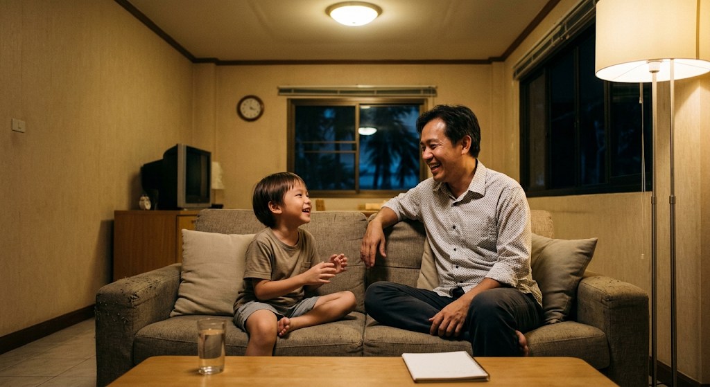 พ่อชาวไทยและลูกวัยประถมนั่งฝึกพูดภาษาญี่ปุ่นด้วยกันบนโซฟาที่บ้าน