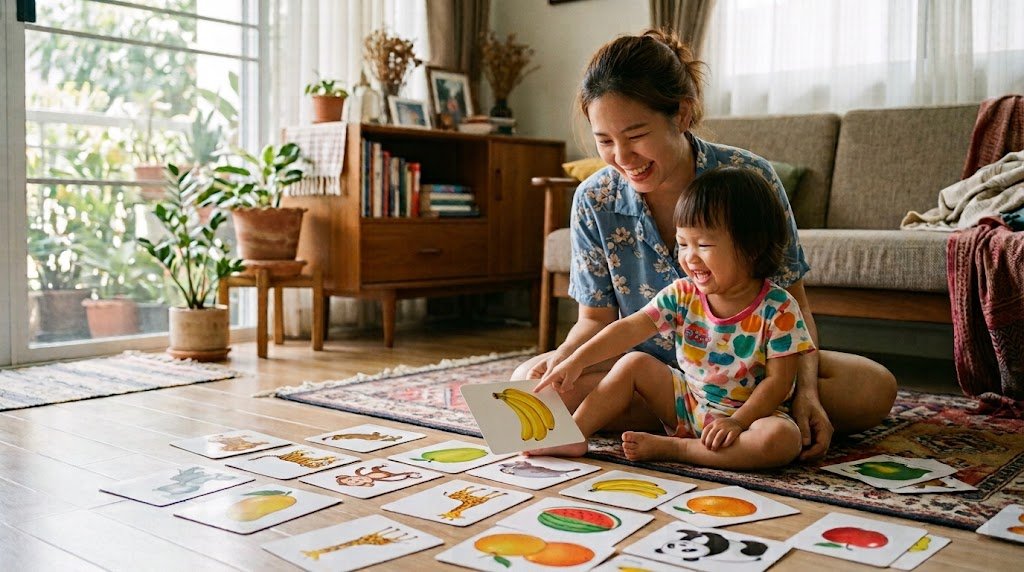 แม่ชาวไทยและลูกวัยเตาะแตะนั่งเล่นบัตรภาพสัตว์และผลไม้บนพื้นบ้านในตอนเช้า