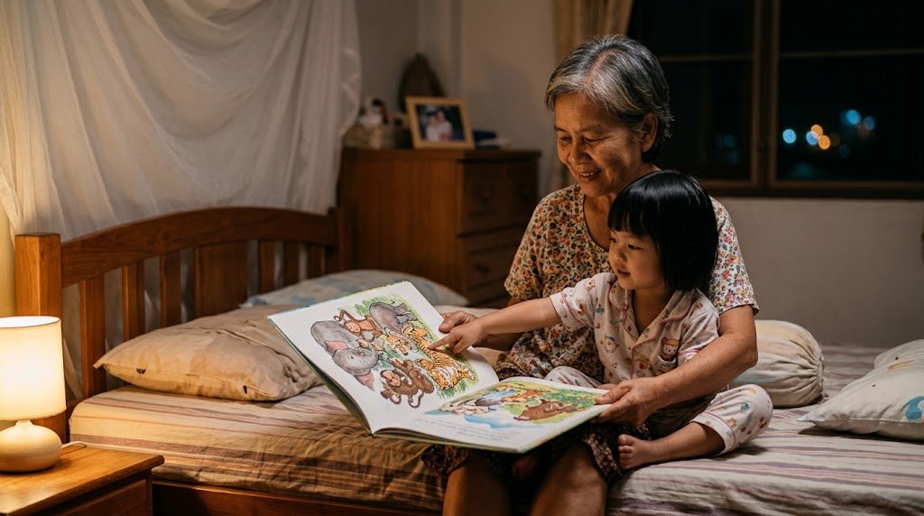 คุณยายชาวไทยและหลานวัยสามขวบนั่งอ่านหนังสือภาพด้วยกันในห้องนอนตอนกลางคืน