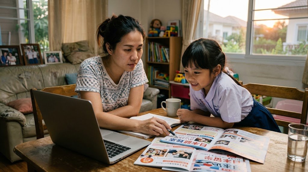 แม่ชาวไทยและลูกสาววัยประถมนั่งดูคอมพิวเตอร์และเปรียบเทียบข้อมูลโรงเรียนสอนภาษาญี่ปุ่นที่บ้านในตอนเย็น