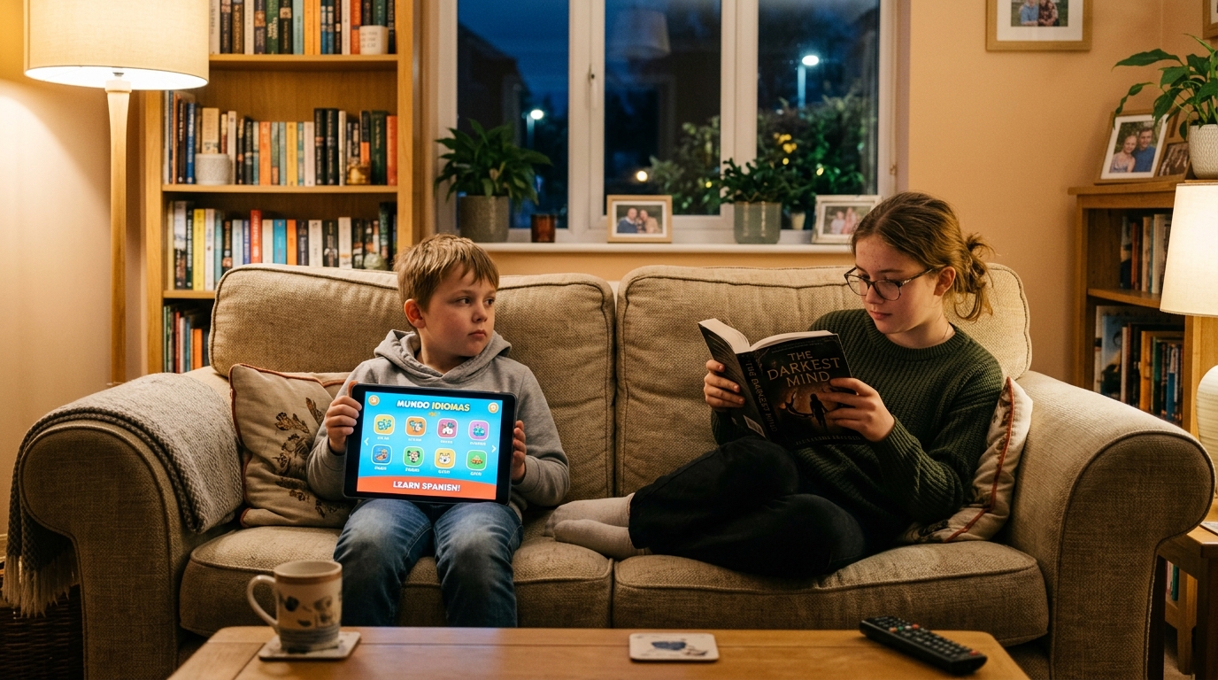 A boy using a language-learning app on a tablet at home while his sister reads beside him
