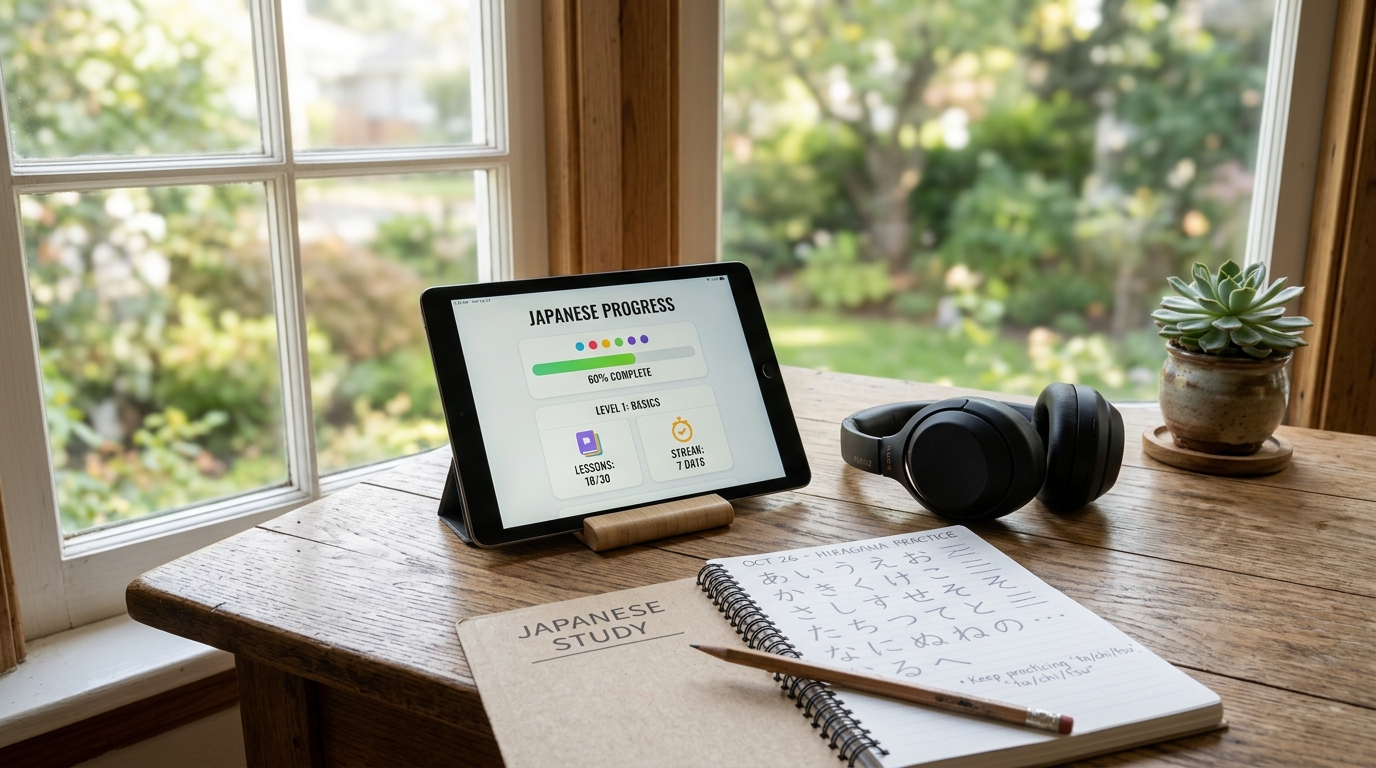 A tablet, headphones and a hiragana practice notebook on a desk by a window