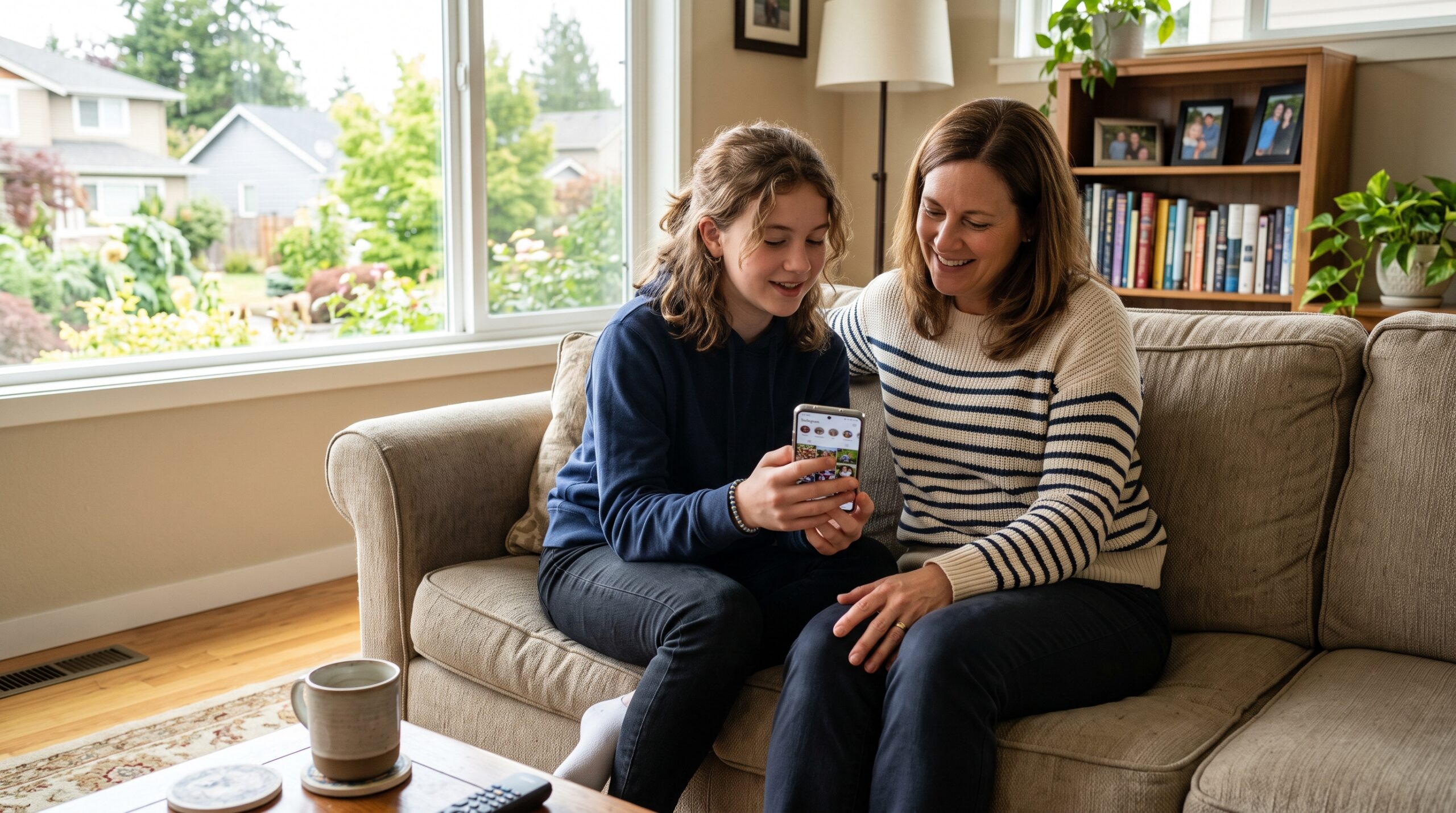 A teenage girl and her mother looking at a smartphone screen together on a sofa