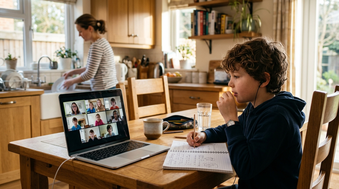 A child taking part in an online group class on a laptop at the dining table