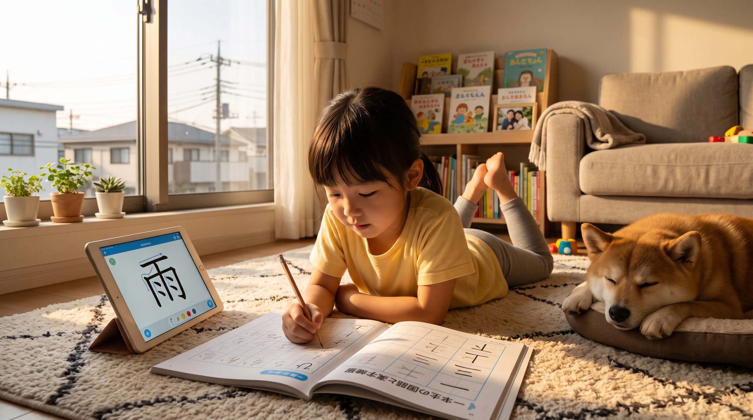 A young girl tracing Japanese characters in a workbook with a tablet beside her