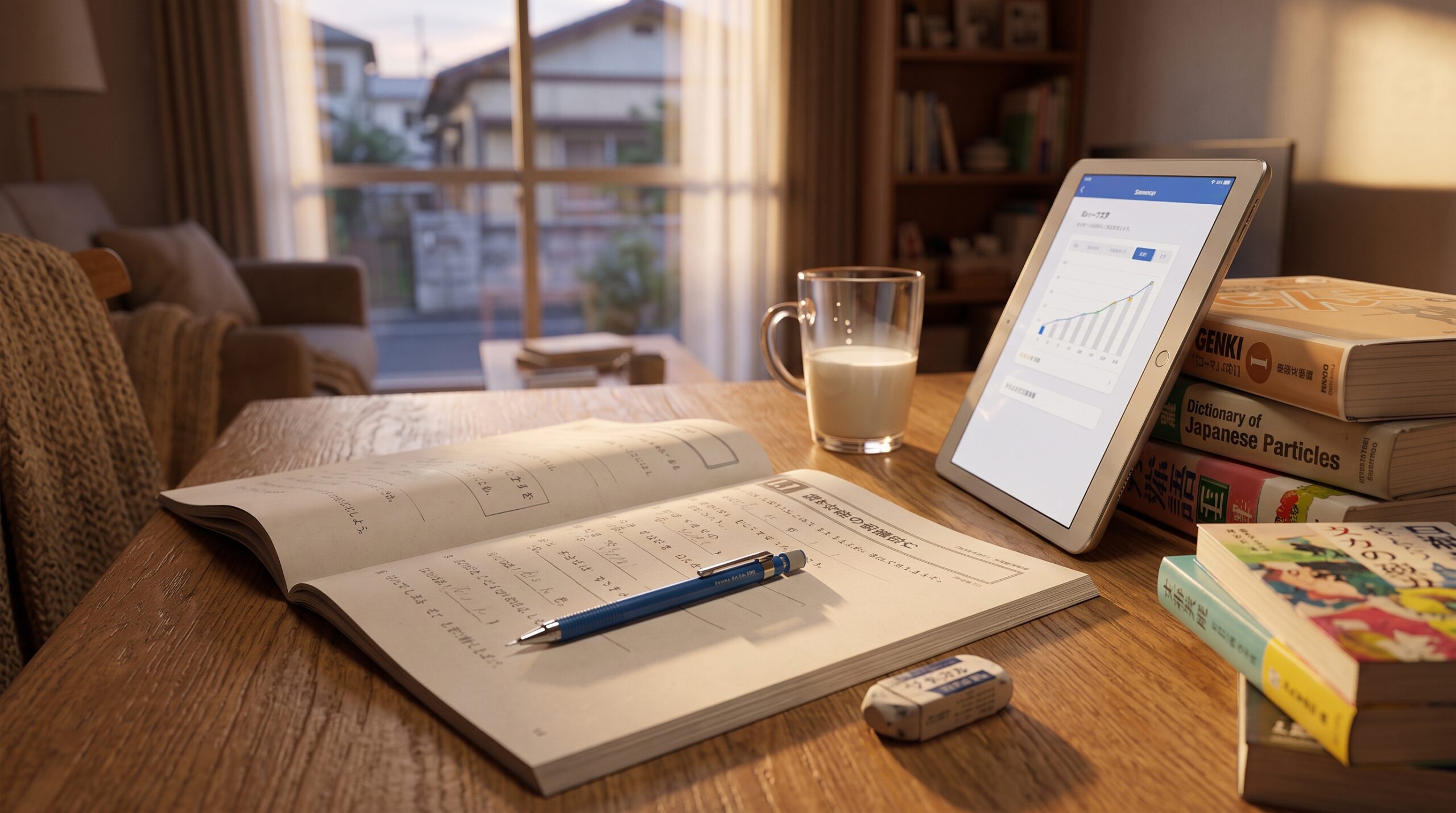 A Japanese grammar workbook, pencil and tablet on a kitchen table in the evening