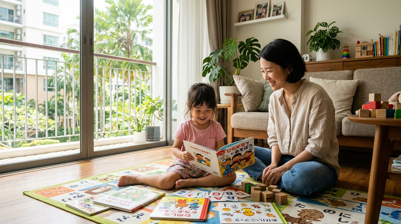 海外のリビングで日本語の絵本と幼児教材を広げて遊ぶ女の子と母親