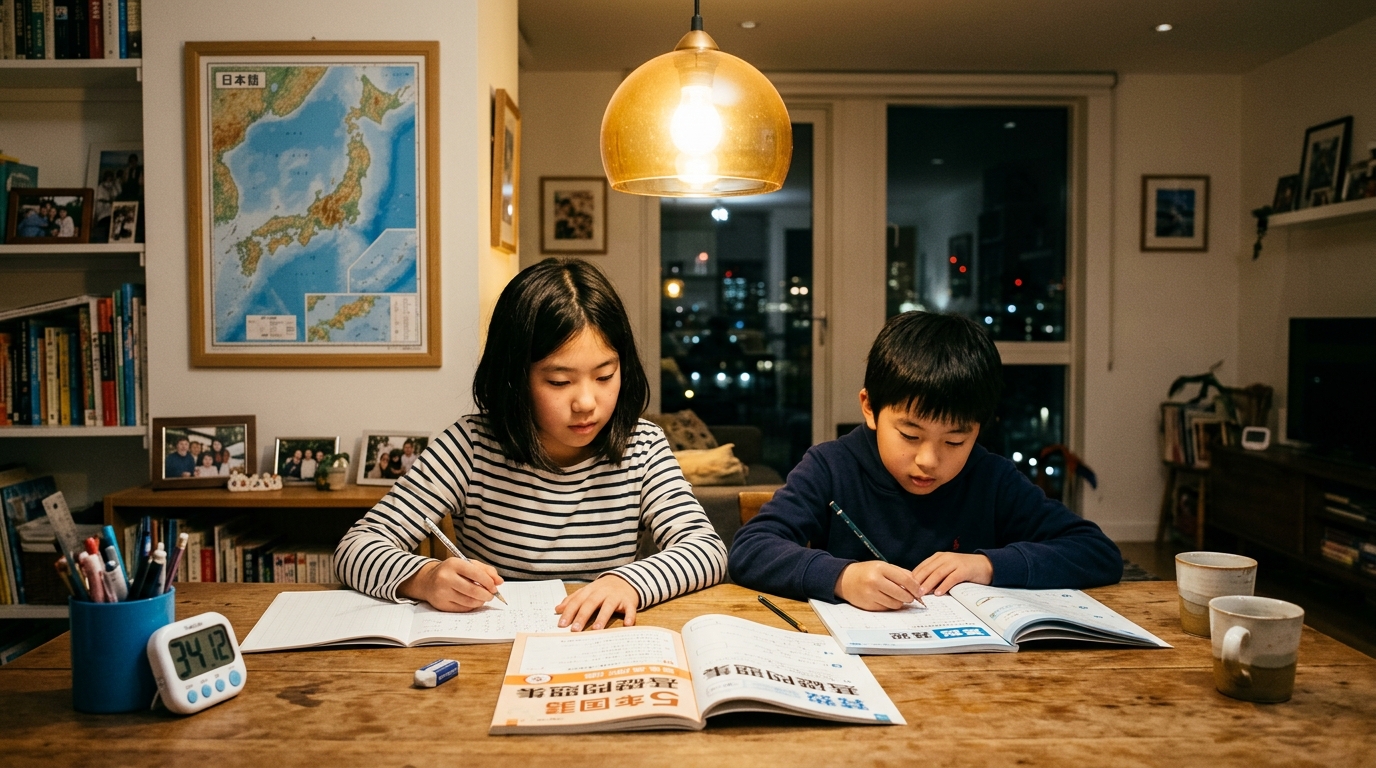 海外の自宅で日本語の問題集に取り組む小学生の姉弟