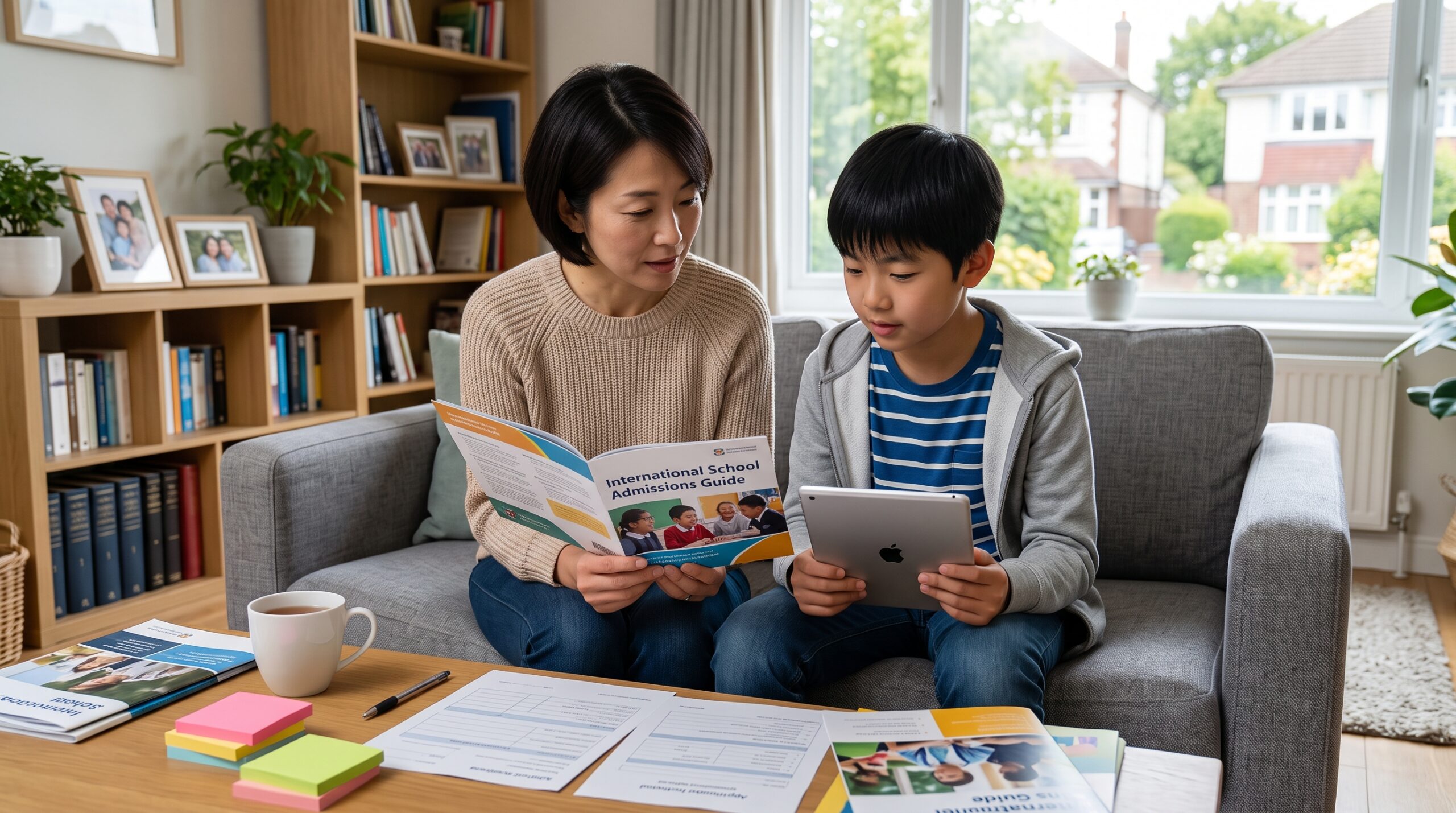 学校案内の資料を見ながら進路を話し合う小学生と母親