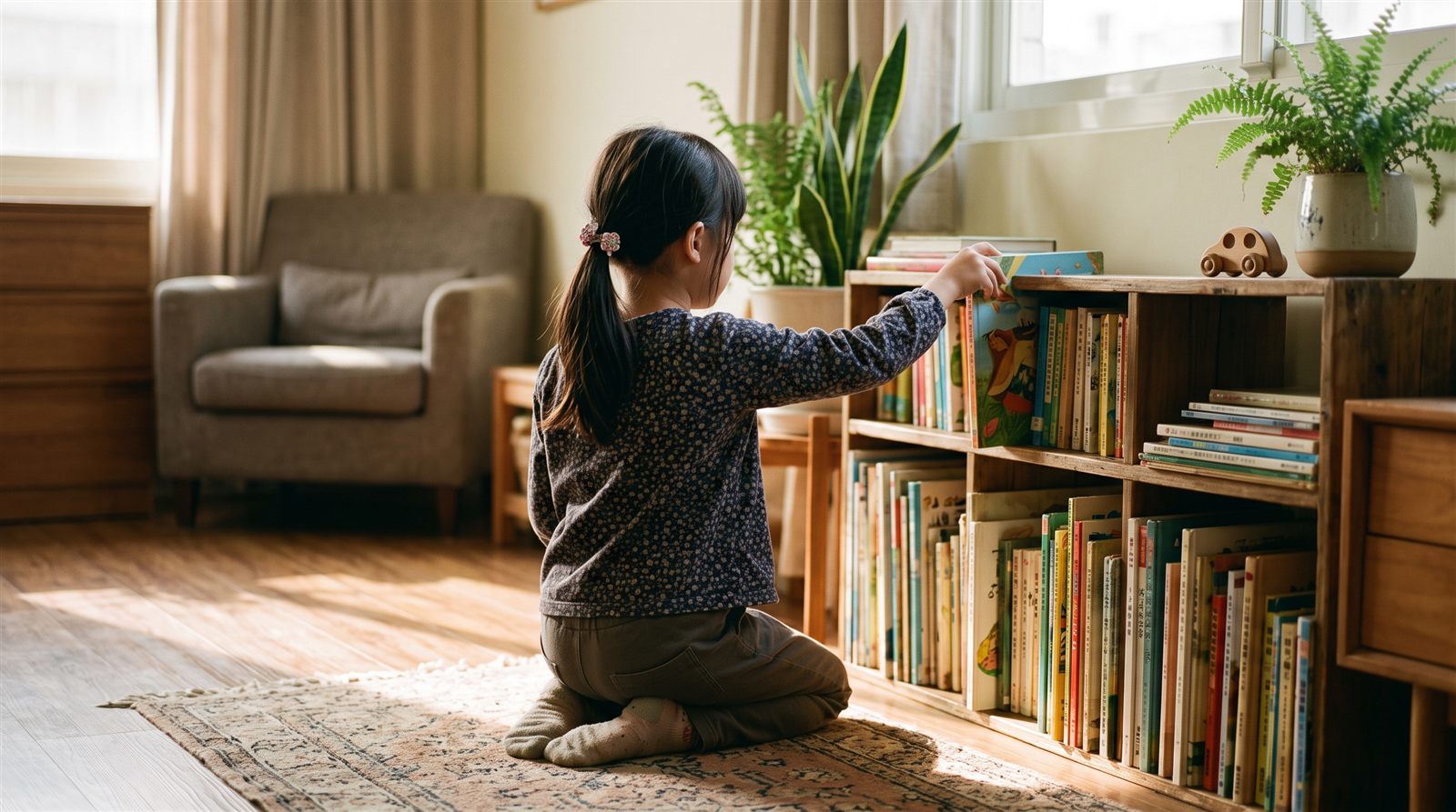 小女孩跪在矮書櫃前，伸手從架上抽出一本繪本