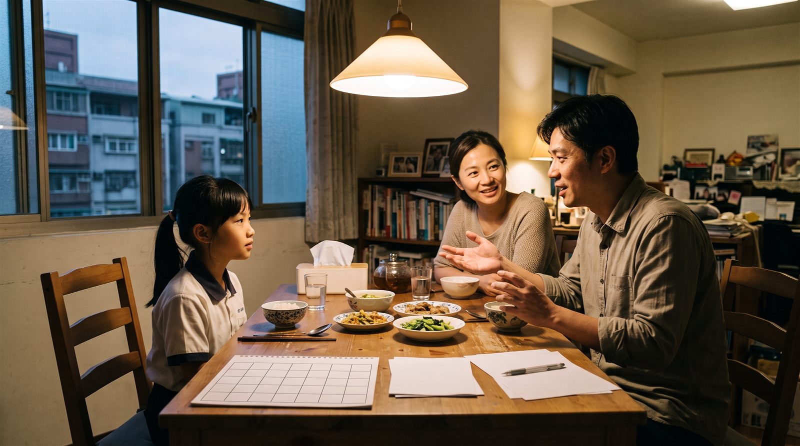 台灣一家三口在餐桌前討論孩子的兒童日文課程要怎麼選
