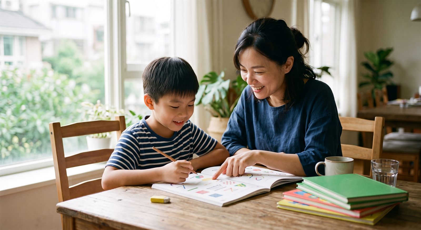 媽媽坐在孩子旁邊，手指著攤開的兒童練習本上的一頁，孩子拿著鉛筆看著頁面，兩人都在微笑