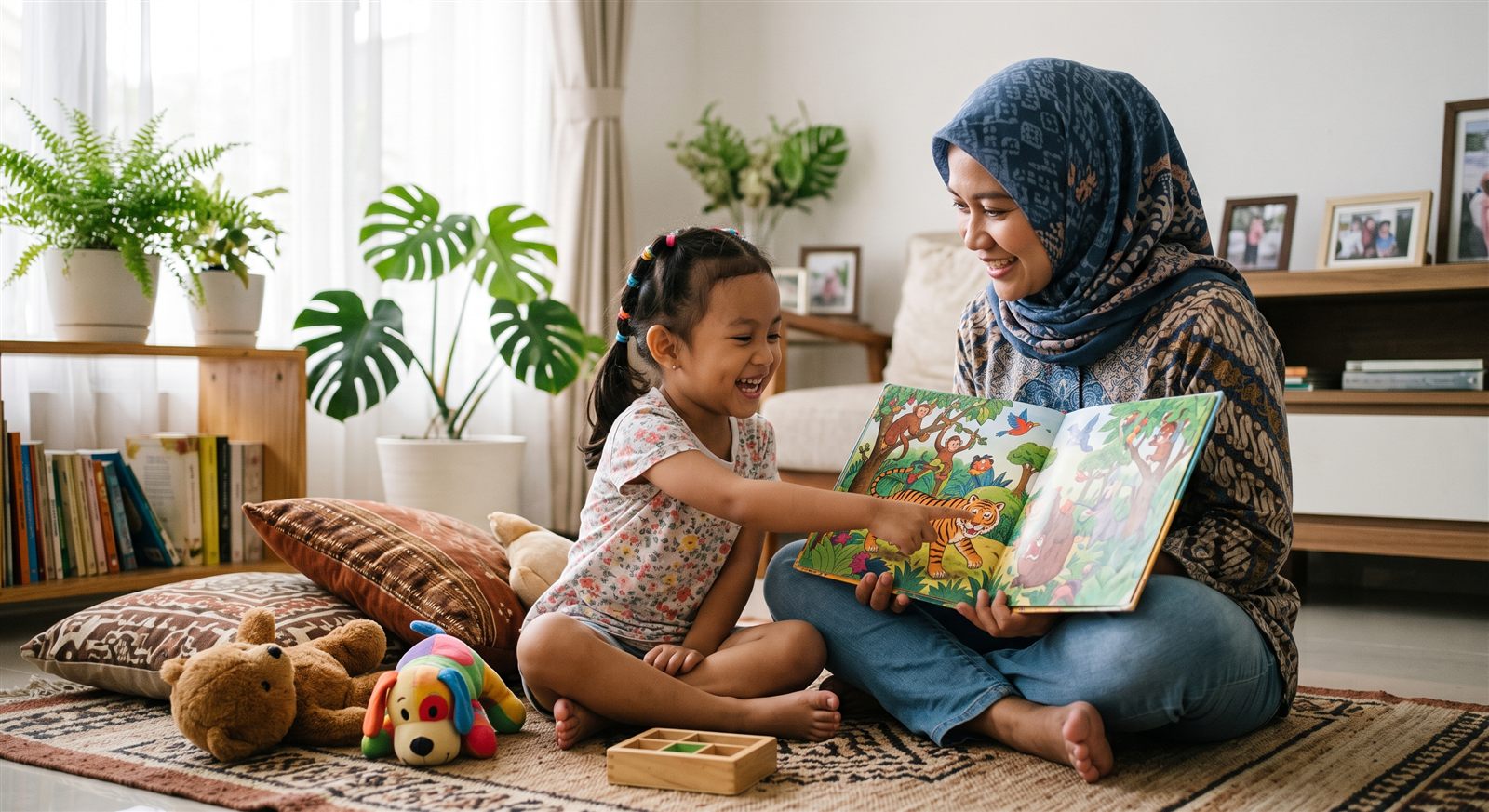 Ibu membacakan buku bergambar berbahasa Jepang untuk anak usia TK di ruang keluarga