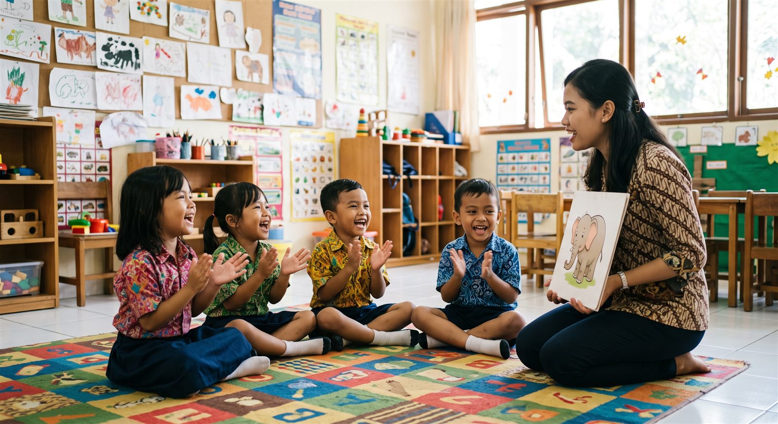 Beberapa anak usia TK bernyanyi dan bertepuk tangan bersama guru di ruang kelas yang cerah