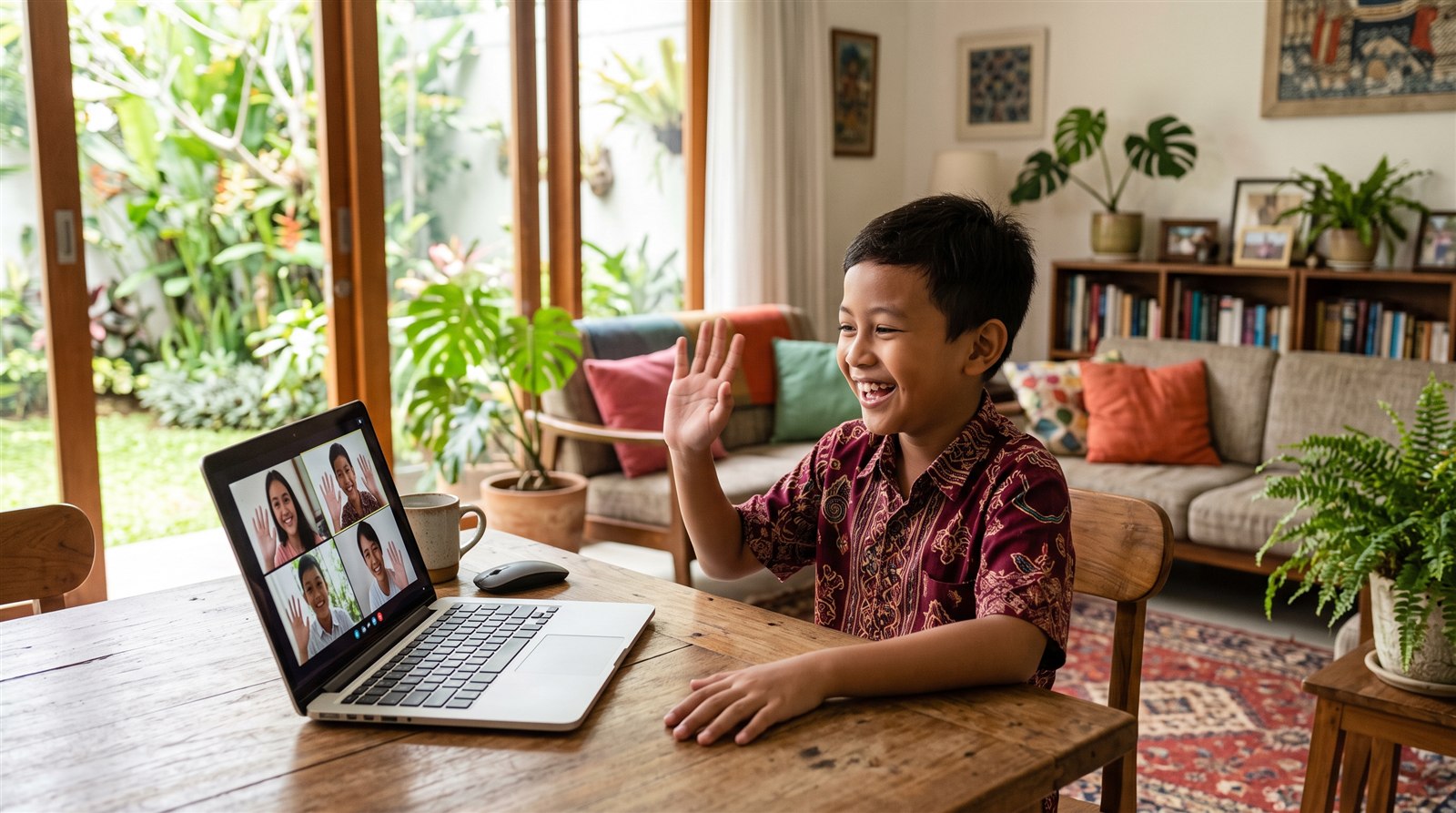 Anak Indonesia mengobrol lewat video call dengan teman Jepang sambil tertawa