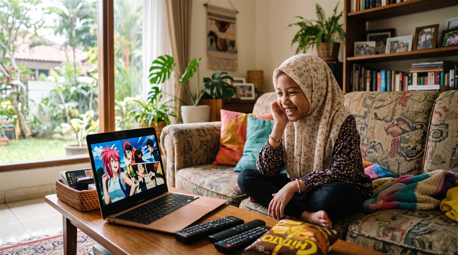 Anak Indonesia menonton anime di laptop sambil belajar bahasa Jepang