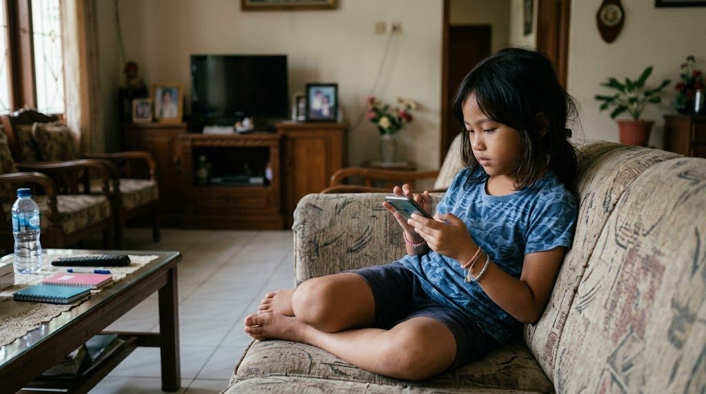 Anak Indonesia belajar bahasa Jepang sendirian dengan aplikasi di ponsel dan tampak mulai bosan