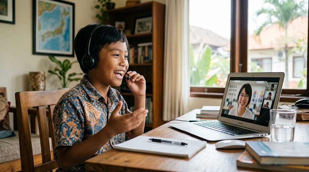 Anak Indonesia berbicara aktif dan percaya diri dalam kelas bahasa Jepang online bersama teman
