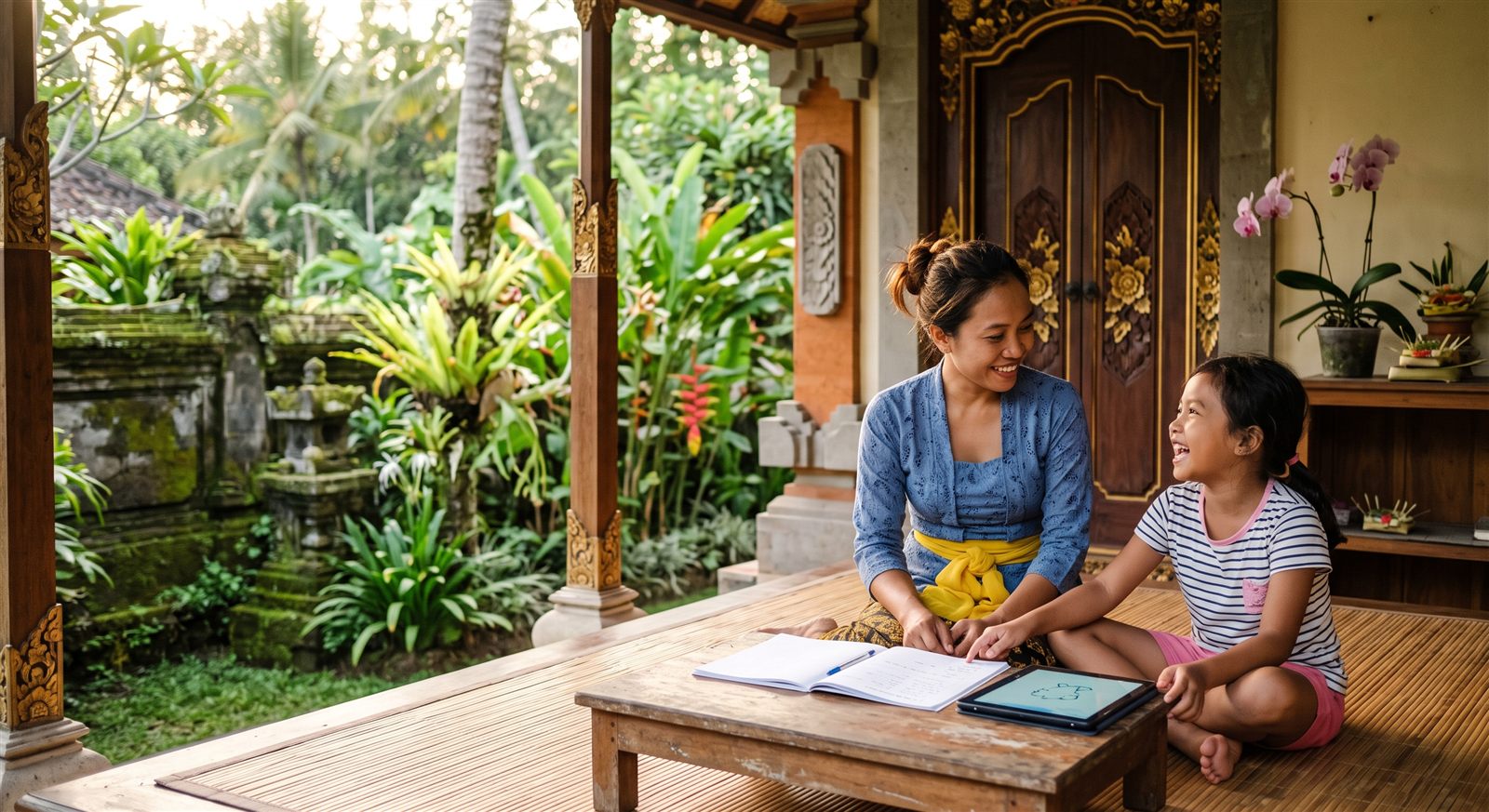 Ibu dan anak perempuannya belajar bahasa Jepang bersama di teras rumah di Bali