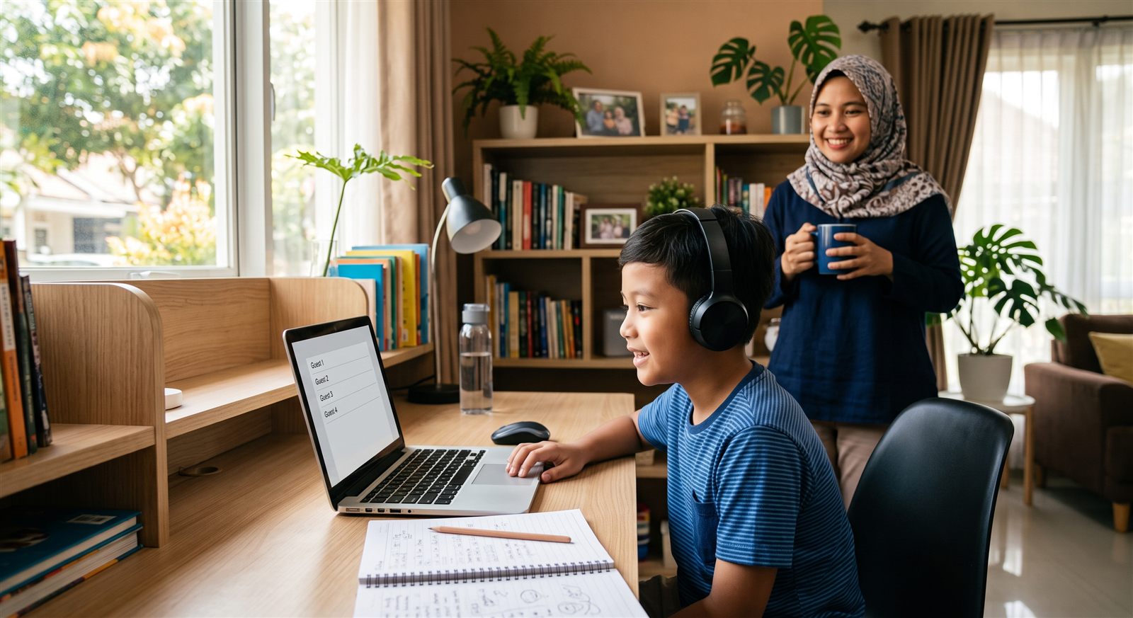Anak Indonesia mengikuti kelas bahasa Jepang online dengan headset dan buku catatan di meja belajar