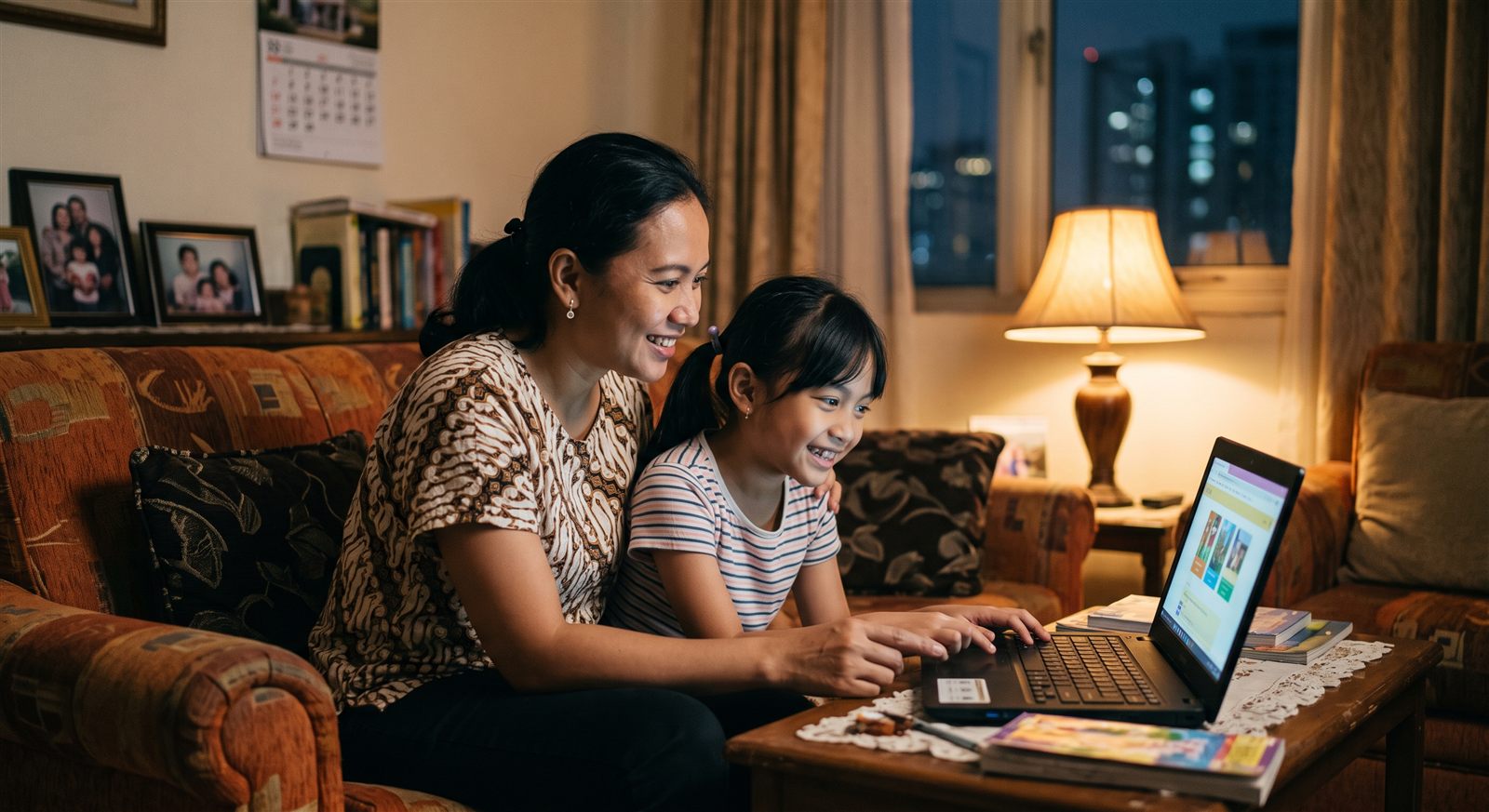 Ibu dan anak perempuan Indonesia melihat layar laptop bersama di ruang tamu pada malam hari sambil membandingkan biaya les bahasa Jepang online