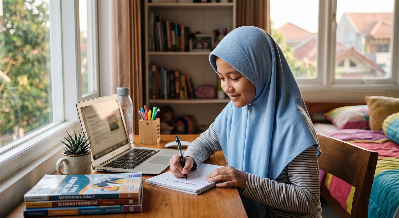 Remaja perempuan Indonesia berhijab biru sedang menulis catatan di samping laptop saat mengikuti les bahasa Jepang online