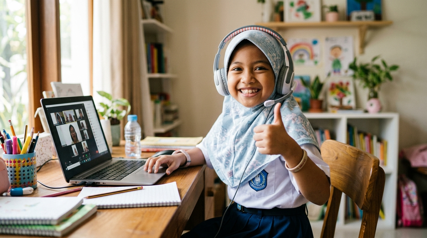 Anak Indonesia tersenyum percaya diri saat berbicara dalam kelas bahasa Jepang online bersama teman