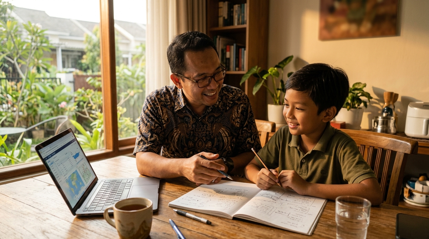 Orang tua Indonesia dan anak berdiskusi soal biaya les bahasa Jepang sambil melihat laptop di rumah