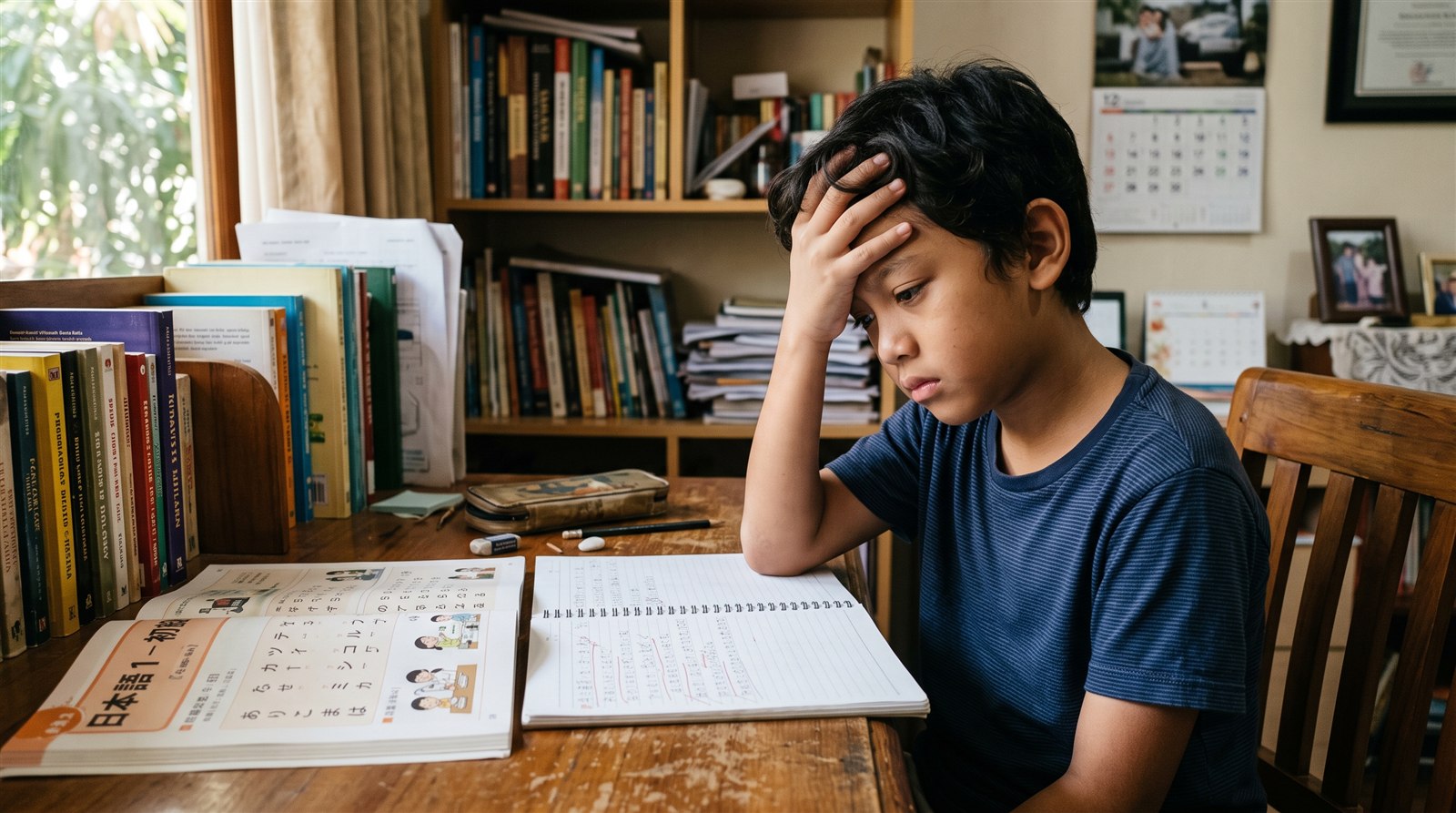 Anak Indonesia tampak frustrasi belajar bahasa Jepang dengan buku tapi belum bisa bicara