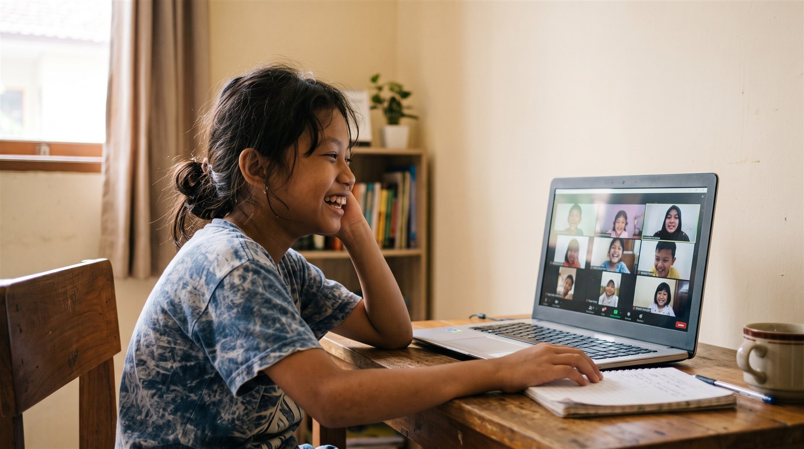 Anak-anak Indonesia belajar bahasa Jepang dengan gembira dalam kelas kecil online