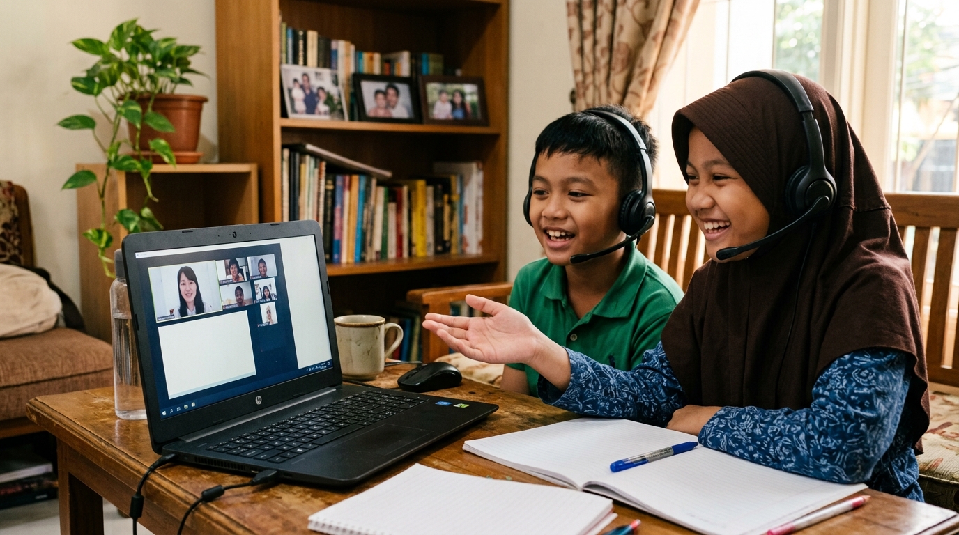 Anak Indonesia belajar bahasa Jepang bersama teman dalam kelas online sambil berdiskusi antusias