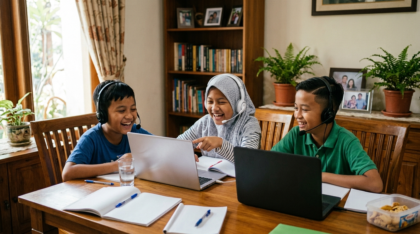 Anak Indonesia belajar bahasa Jepang bersama teman dalam kelas online yang hangat dan saling menyemangati