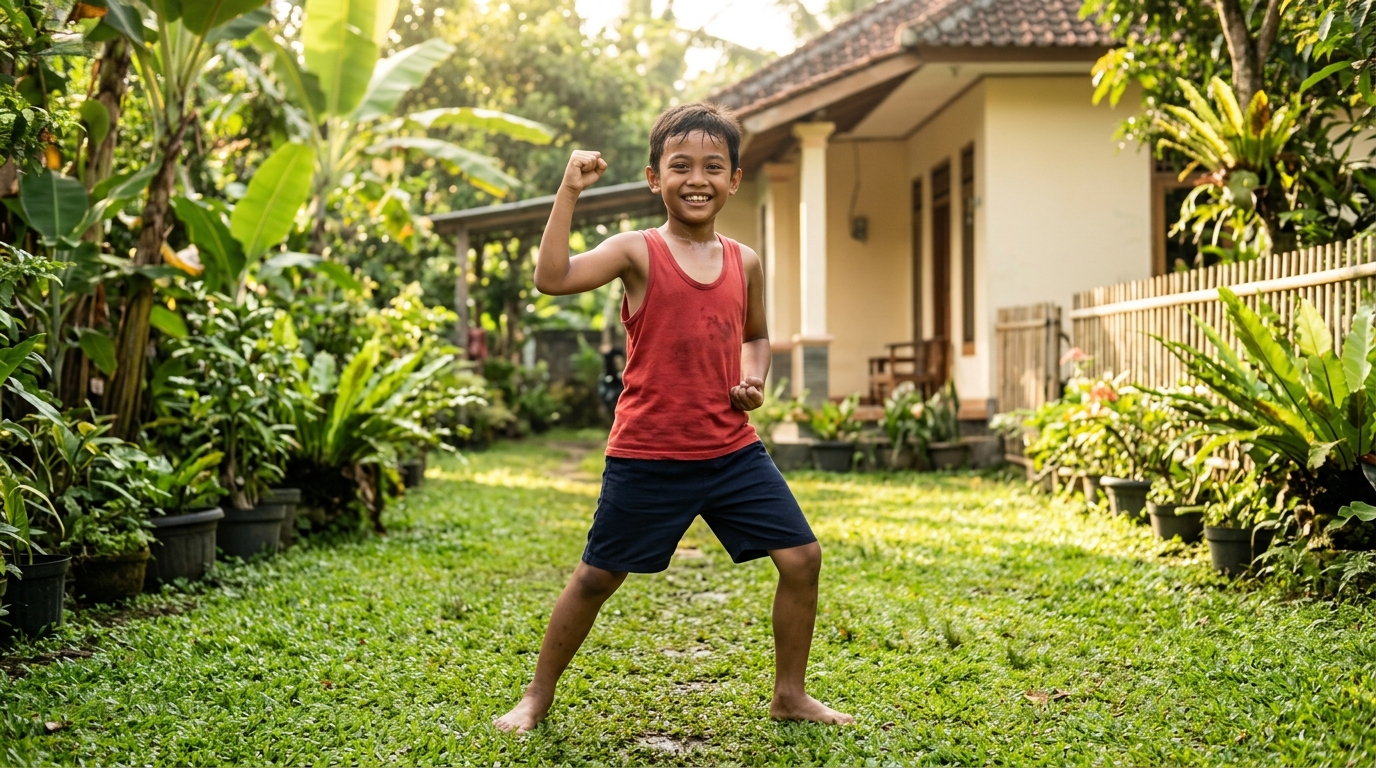 Anak Indonesia berlatih penuh semangat dan tekad seperti tokoh Demon Slayer di halaman rumah