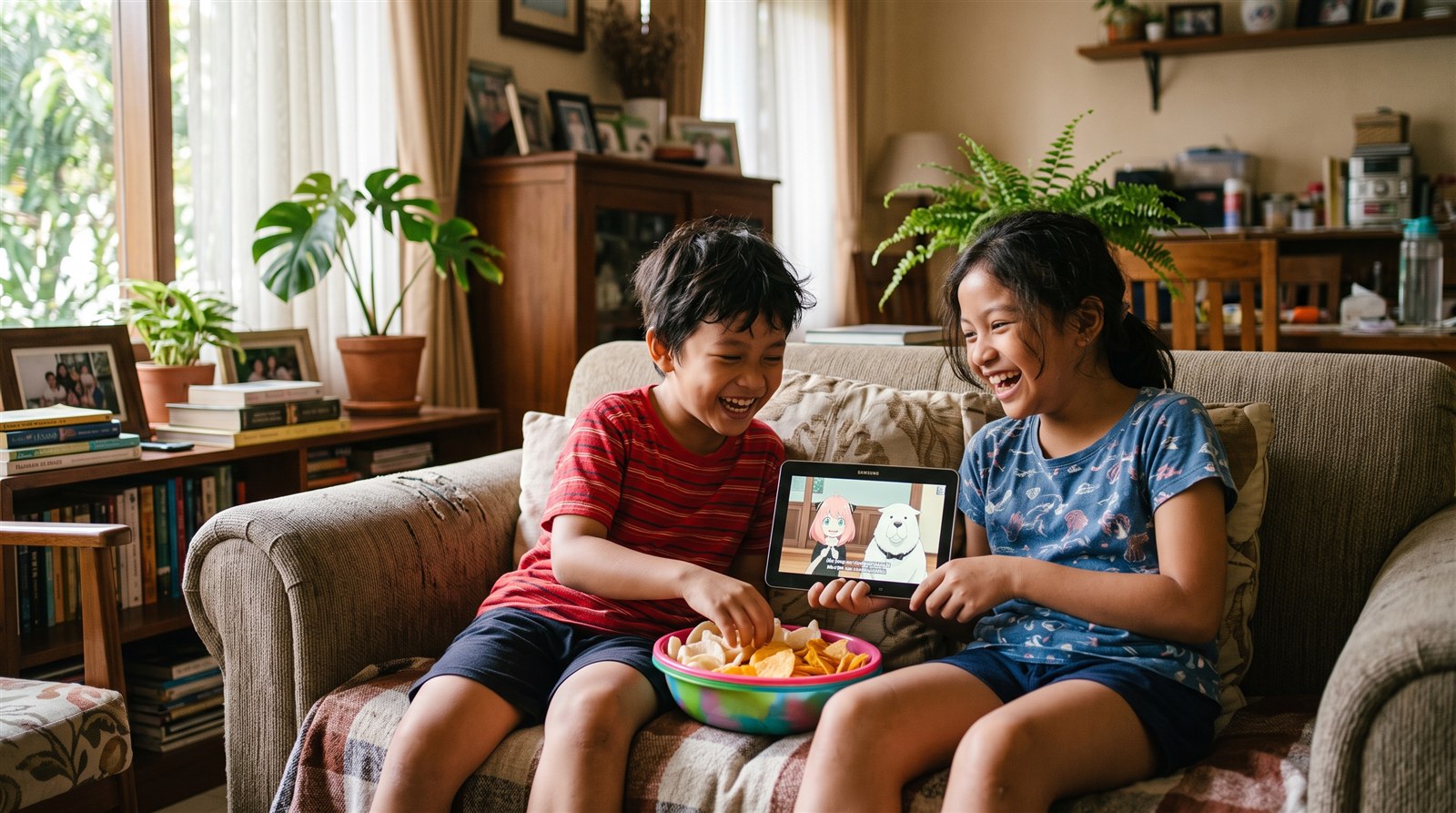 Dua anak Indonesia menonton anime bersama di sofa sambil tertawa