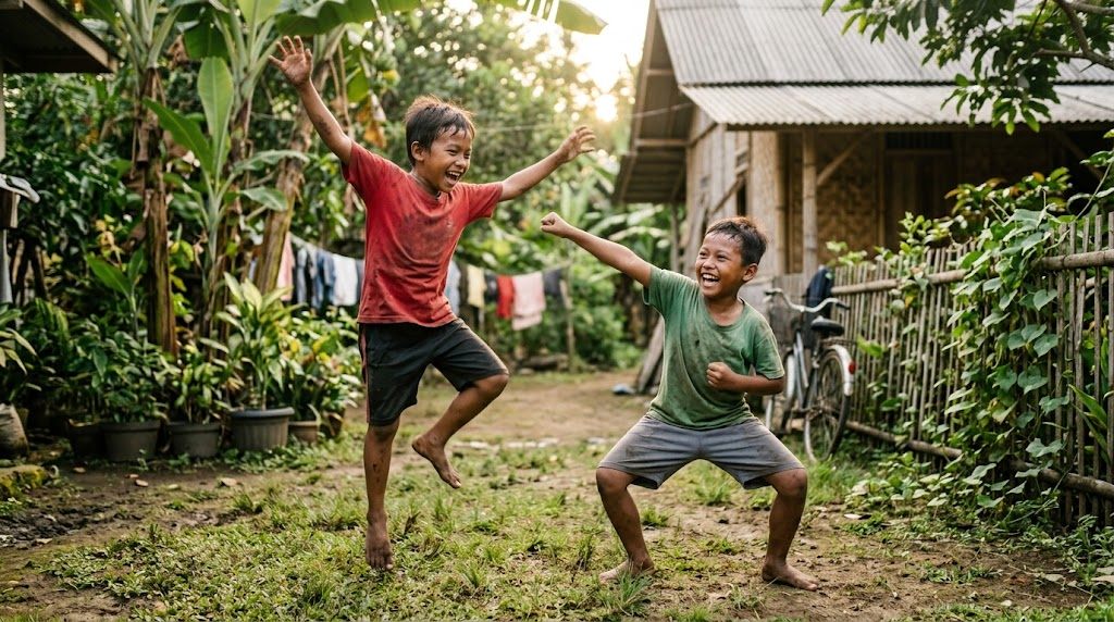 Dua anak Indonesia bermain penuh semangat sambil meniru gaya jagoan Dragon Ball di halaman