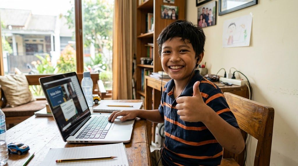 Anak Indonesia belajar bahasa Jepang bersama teman dalam kelas online yang penuh semangat