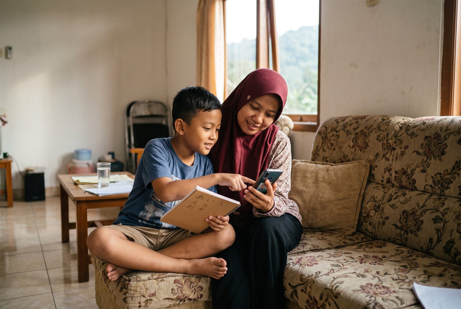 Ibu berhijab dan anak laki-laki di Bandar Lampung membandingkan pilihan les bahasa Jepang di ponsel