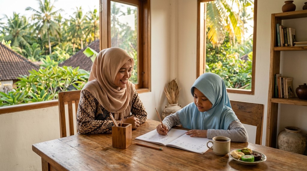 Ibu berhijab dan anak perempuan di Makassar berlatih menulis hiragana di meja makan rumah