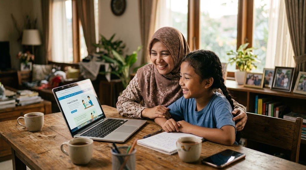 Ibu Indonesia berhijab dan anak perempuannya tersenyum melihat laptop bersama sambil membicarakan masa depan