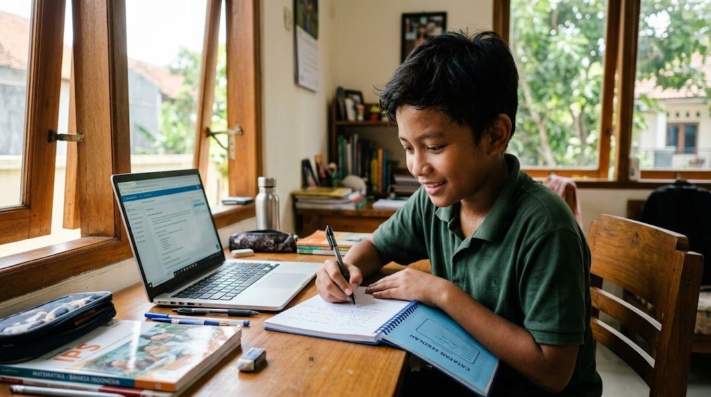 Anak laki-laki Indonesia belajar bahasa Jepang dengan fokus dan gembira di meja belajar dengan laptop dan buku catatan