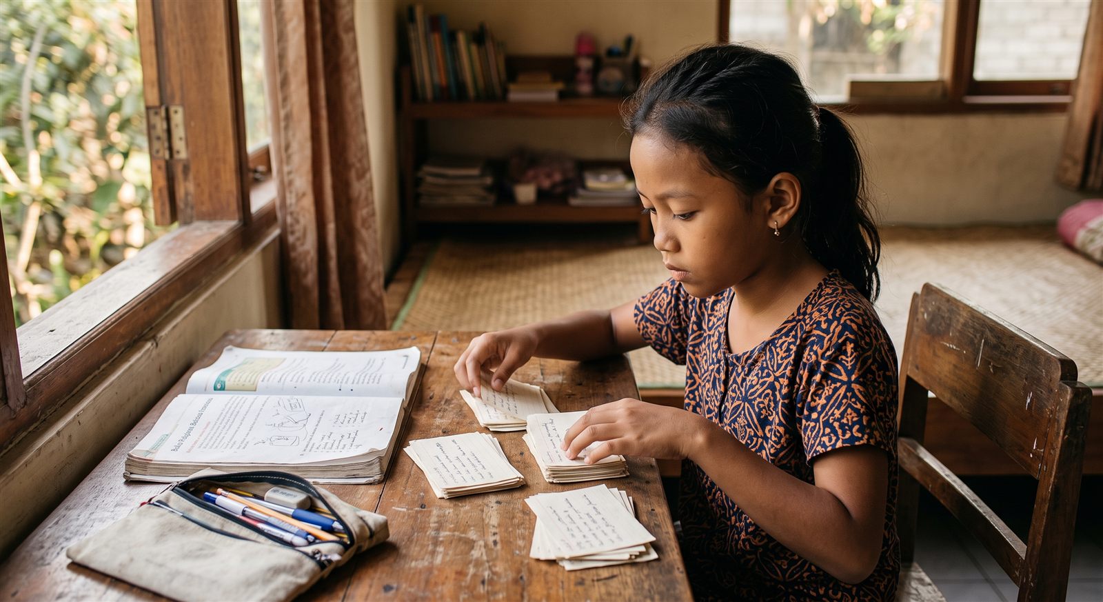 Anak perempuan Indonesia menyusun kartu hafalan buatan tangan di samping buku pelajaran saat menyiapkan ujian JLPT N5