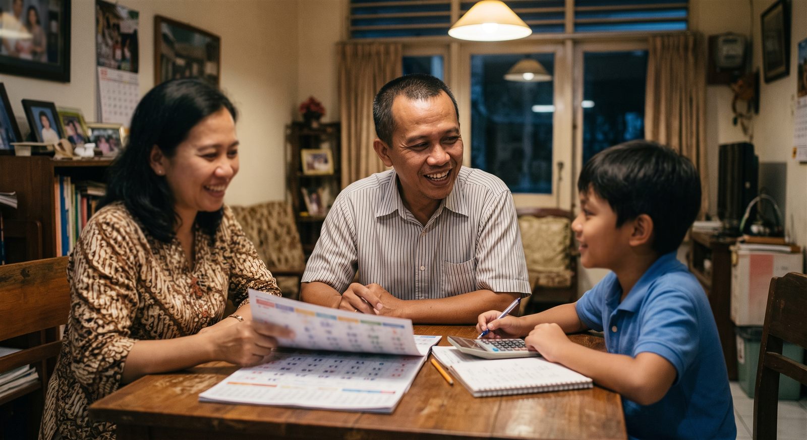 Orang tua Indonesia berdiskusi dengan anak laki-laki mereka di meja makan sambil melihat kalender dan menghitung biaya les bahasa Jepang