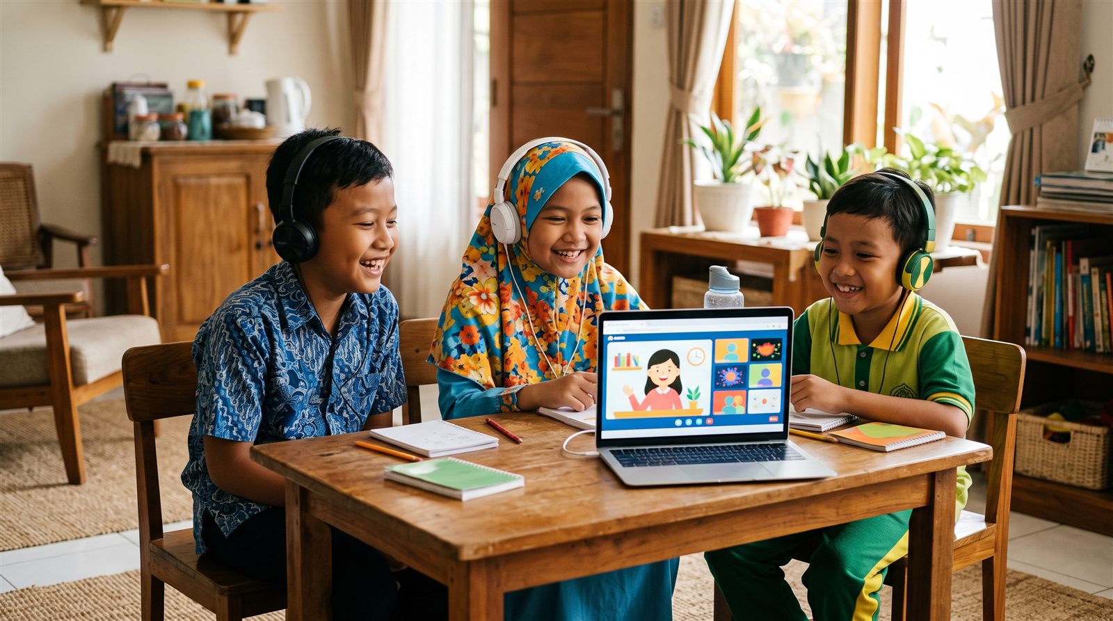 Beberapa anak Indonesia, salah satunya mengenakan hijab, belajar bahasa Jepang bersama secara online sambil tersenyum