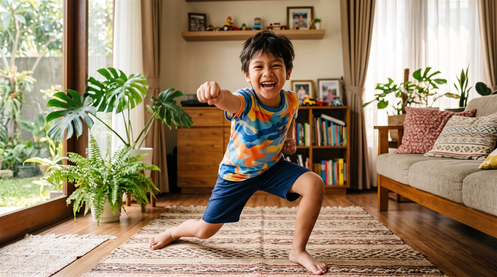 Anak laki-laki Indonesia bersemangat menirukan gaya jagoan saat menonton anime favoritnya di rumah